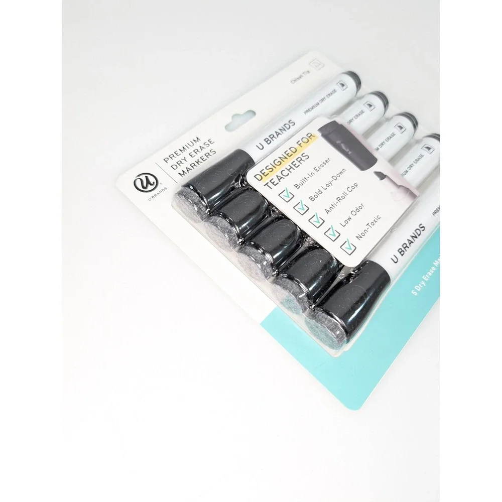 Set of 5 U Brands Chisel Tip Dry Erase Markers Whiteboard Low Odor Black Eraser